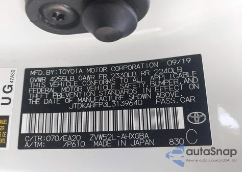 2020 Toyota Prius Prime Xle z USA, uszkodzony, nr VIN JTDKARFP3L3139640